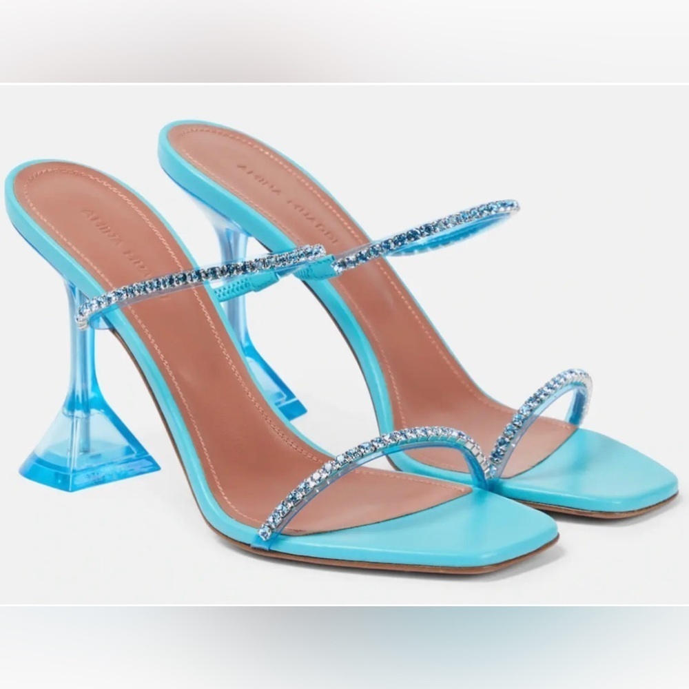 Amina Muaddi Gilda Glass Aqua Blue PVC Crystal Strap Mule Pumps